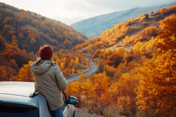 Fototapeta premium solo traveler from the Asia Pacific region pauses to capture the moment in autumn season