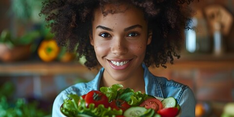Black Woman Smiling and Holding a Bowl of Fresh Salad - obrazy, fototapety, plakaty