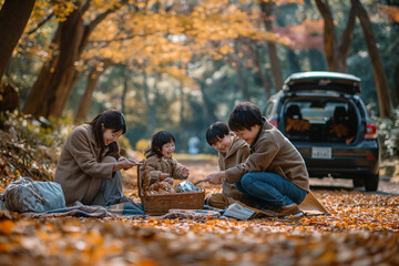 family from the Asia Pacific region takes a break from their road trip to enjoy a picnic. 