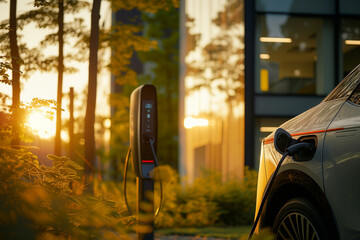 EV charging station sits at the forefront of a scene that perfectly marries modernity with nature.