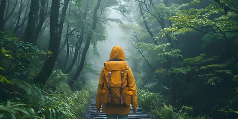 Woman in Yellow Rain Jacket Walking in Lush Rainy Forest