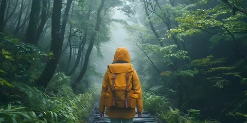 Papier Peint photo Lavable Route en forêt Woman in Yellow Rain Jacket Walking in Lush Rainy Forest