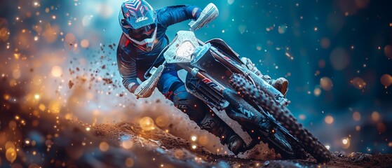 Abstract 3D illustration of a jumping motocross rider on blue. Motocross freestyle. Dots, lines, and stars. - obrazy, fototapety, plakaty