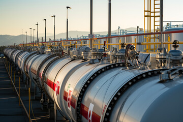  hydrogen fuel tanks, marked with the distinctive H2 sign, are lined up in a facility dedicated to the storage and distribution of clean energy. - obrazy, fototapety, plakaty