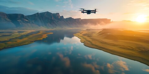 Drone Soaring Over Mountain River at Sunset
