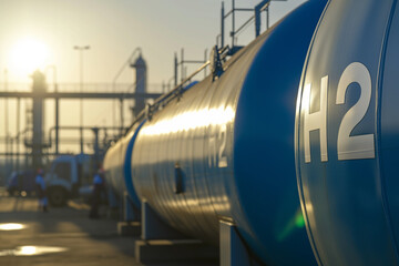  hydrogen fuel tanks, marked with the distinctive H2 sign, are lined up in a facility dedicated to the storage and distribution of clean energy.