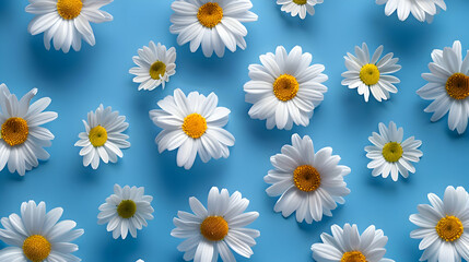 White and yellow flowers isolated on a blue background. High-resolution