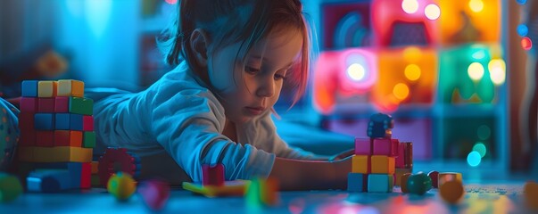 A Child Playing with Blocks in a Colorful Room - obrazy, fototapety, plakaty