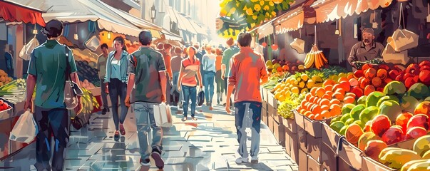 Bustling Market Scene with People and Fruit - obrazy, fototapety, plakaty