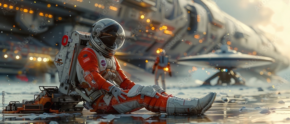 Poster On the runway of a space station, a flying saucer lands on a futuristic spaceship with a cosmonaut seated on it. Sci-fi illustration of an astronaut in a futuristic spacesuit.