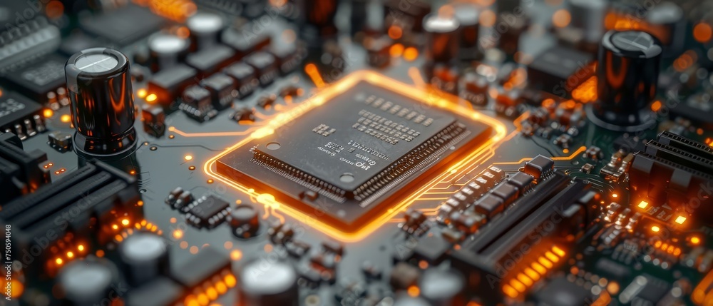 Aufkleber robotic arms or manipulators on assembly lines manufacturing circuit boards with chip, cpu and elect
