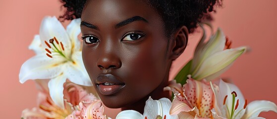 A young attractive African American model poses with lily flowers against a pink background in this profile portrait