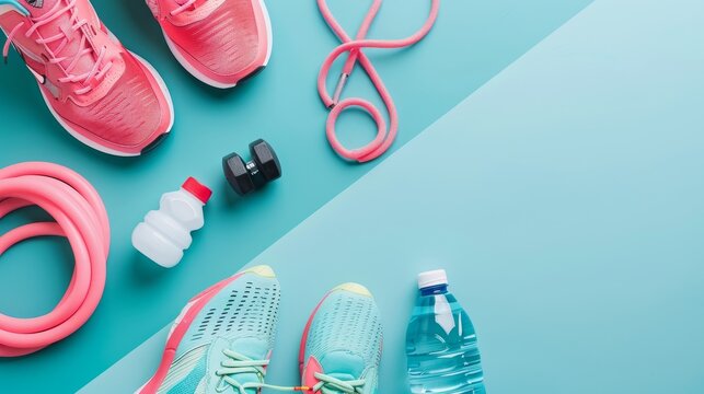 A flat lay image of fitness equipment on a color background with a pair of sneakers, dumbbells, jump rope, and bottle of water.