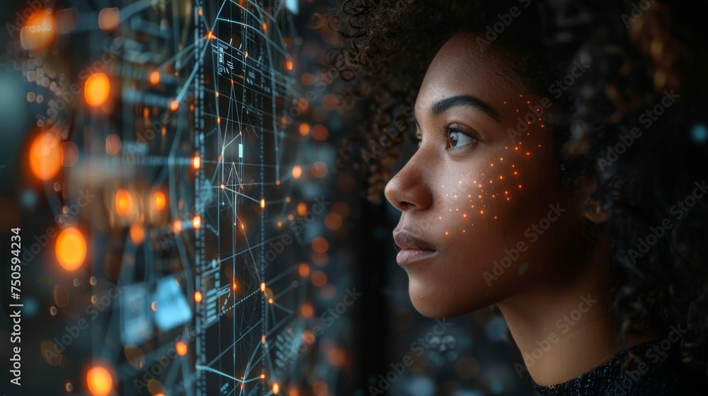 Aufkleber a black woman working in an office with a futuristic graphical user interface concept. it (informati
