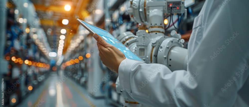 Poster Automation robot arm machine in smart factory automotive industry 4th IoT, digital manufacturing operation. Engineer hand using tablet with machine real time monitoring system software.
