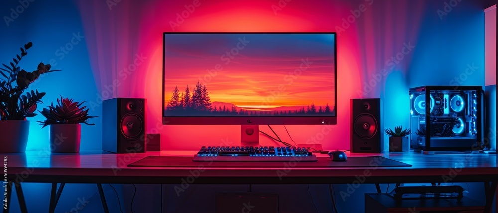 Poster Dark luminous case of gaming PC with empty monitor, keyboard on the desk. Neon light of gaming PC. Desktop computer with blank screen. RGB lighting gaming rig.