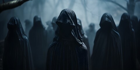 Mysterious figures clad in hooded cloaks gather together evoking an eerie presence. Concept Mystery, Figures, Hooded Cloaks, Gather, Eerie Presence