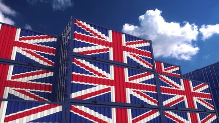 United Kingdom export or import concept. United Kingdom flag containers are located at the container terminal. 3d illustration - obrazy, fototapety, plakaty