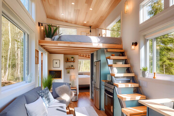 Living room with couch and stairs in a tiny house - obrazy, fototapety, plakaty