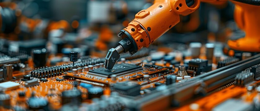 Robotic arms on assembly lines manufacturing circuit boards with chips, CPUs, and electronic components. Electronics manufacturing technology. Robotic arm or manipulator on a factory floor.