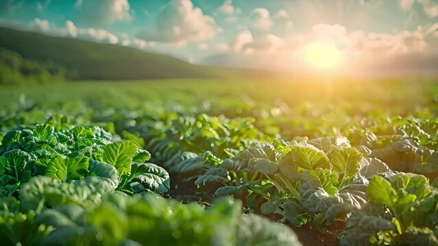 Fresh kale field. Curly kale fresh green leaves on field. Bunches of fresh kale in the garden. Curly cabbage leaf kale plant field leaves. Bio organic plantation. Brassica oleracea. 4k video sunlight