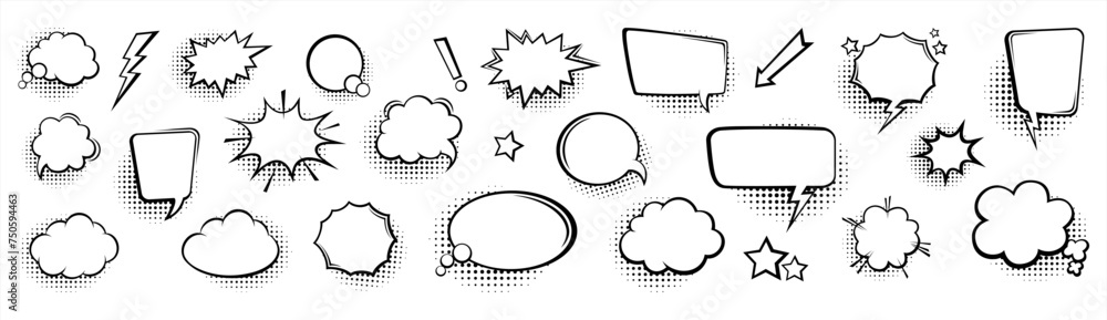 Aufkleber collection of empty comic speech bubbles with halftone shadows. hand drawn retro cartoon stickers. p