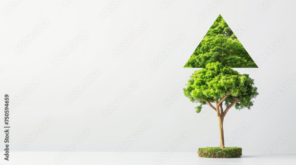 Poster image of a tree growing up in arrow shape over a white background. concept image for business.