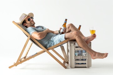 A tourist sits in a deck chair next to a cooling box filled with bottles of beer, isolated on white