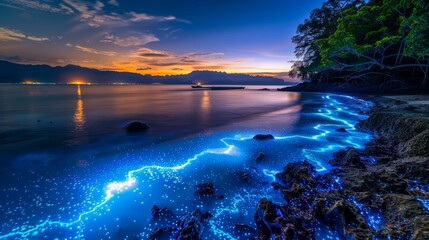 Mesmerizing Bioluminescent Waves on Tropical Beach at Night with Radiant Blue Glowing Plankton