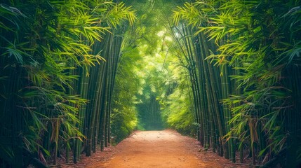 Enchanting Bamboo Forest Pathway Surrounded by Lush Greenery Creating a Serene and Mystical...