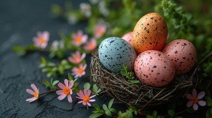 Obraz na płótnie Canvas Easter background. Beautiful composition of colorful eggs and spring flowers on a delicate background. Spring holidays concept with copy space.