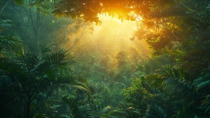 Enchanting Tropical Rainforest Canopy with Sunbeam Illuminating Lush Greenery and Misty Atmosphere