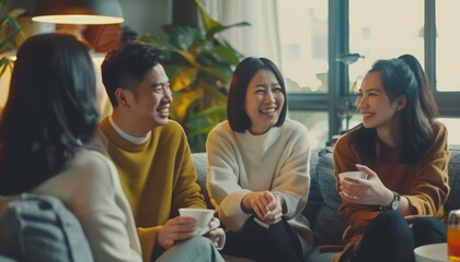 asian and multicultural friends in a comfortable lounge space, engaged in happy conversation together