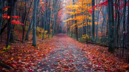 Enchanting Autumn Forest Pathway with Vibrant Fall Leaves and Misty Atmosphere