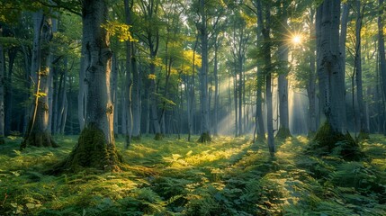 Obraz premium Enchanted Misty Forest at Sunrise with Sunrays Peeking Through the Trees and Lush Greenery