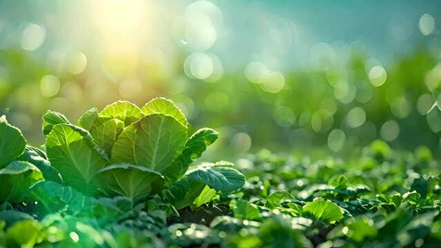 Fresh kale field. Curly kale fresh green leaves on field. Bunches of fresh kale in the garden. Curly cabbage leaf kale plant field leaves. Bio organic plantation. Brassica oleracea. 4k video sunlight