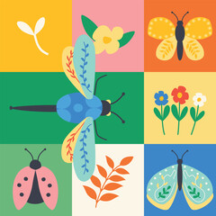 bright seamless pattern in squares with butterflies, dragonfly, ladybug, leaves, flowers