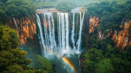 Naklejka premium Majestic Waterfall with Lush Greenery and Rainbow in Tropical Forest, Aerial View Scenic Nature Landscape