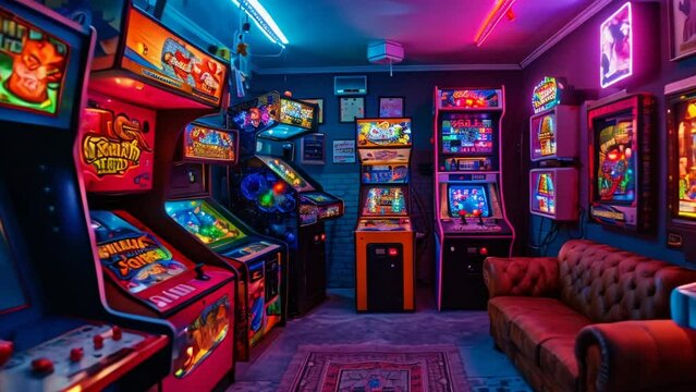 Retro slot machine room. Casino game background. Gambling addiction. Gamble luck. Beautiful neon light. Joyful night life concept. Big victory. Lucky bet play. 777 arcade and money prize roulette.