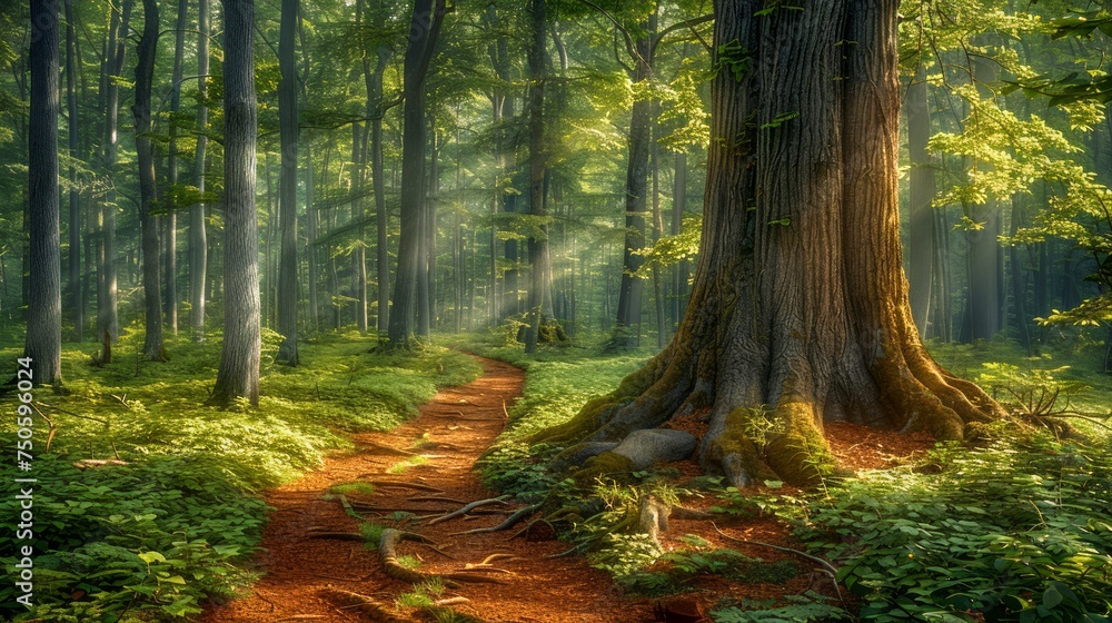 Poster enchanted forest pathway with sunbeams filtering through misty trees in tranquil woods
