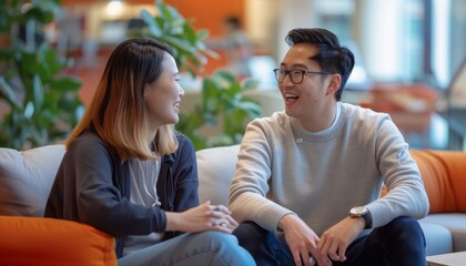 asian and multicultural friends in a comfortable lounge space, engaged in happy conversation together