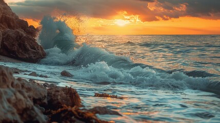 Majestic Sunset Over Ocean Waves Crashing Against Rocky Shoreline with Vibrant Sky - Powered by Adobe