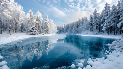 Serene Winter Landscape with Snow-Covered Trees and Reflective Icy Blue Lake Under a Bright Sky