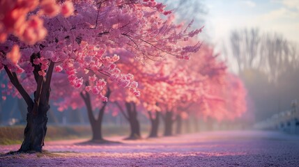Picturesque Blossom-Lined Pathway in Spring's Embrace with Vibrant Pink Cherry Trees and Sunlit Petal Carpet