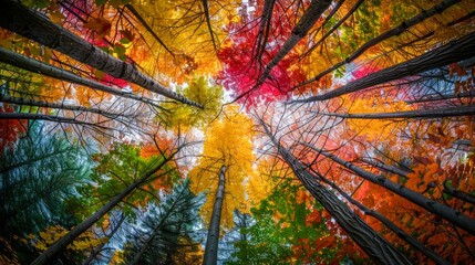 Breathtaking Autumn Canopy with Vibrant Red, Orange, and Yellow Foliage in Lush Forest