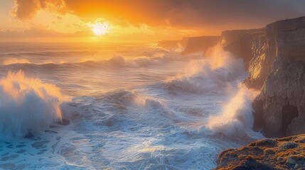 Majestic Sunset Over Rugged Cliffs and Turbulent Ocean Waves with Sunlight Piercing Through Clouds