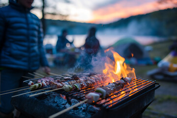 East Asian ethnicity around a small campfire, enjoying a simple yet satisfying dinner as the day fades into night.