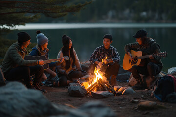 East Asian ethnicity around a small campfire, enjoying a simple yet satisfying dinner as the day fades into night.