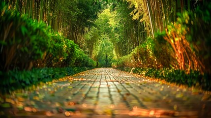 Tranquil Bamboo Forest Path with Golden Light Filtering Through Lush Green Leaves, Peaceful Nature...