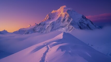 Majestic Sunrise Over Snow-Capped Mountain Peak with Pink Skies and Misty Clouds - Breathtaking Nature Landscape Scenery